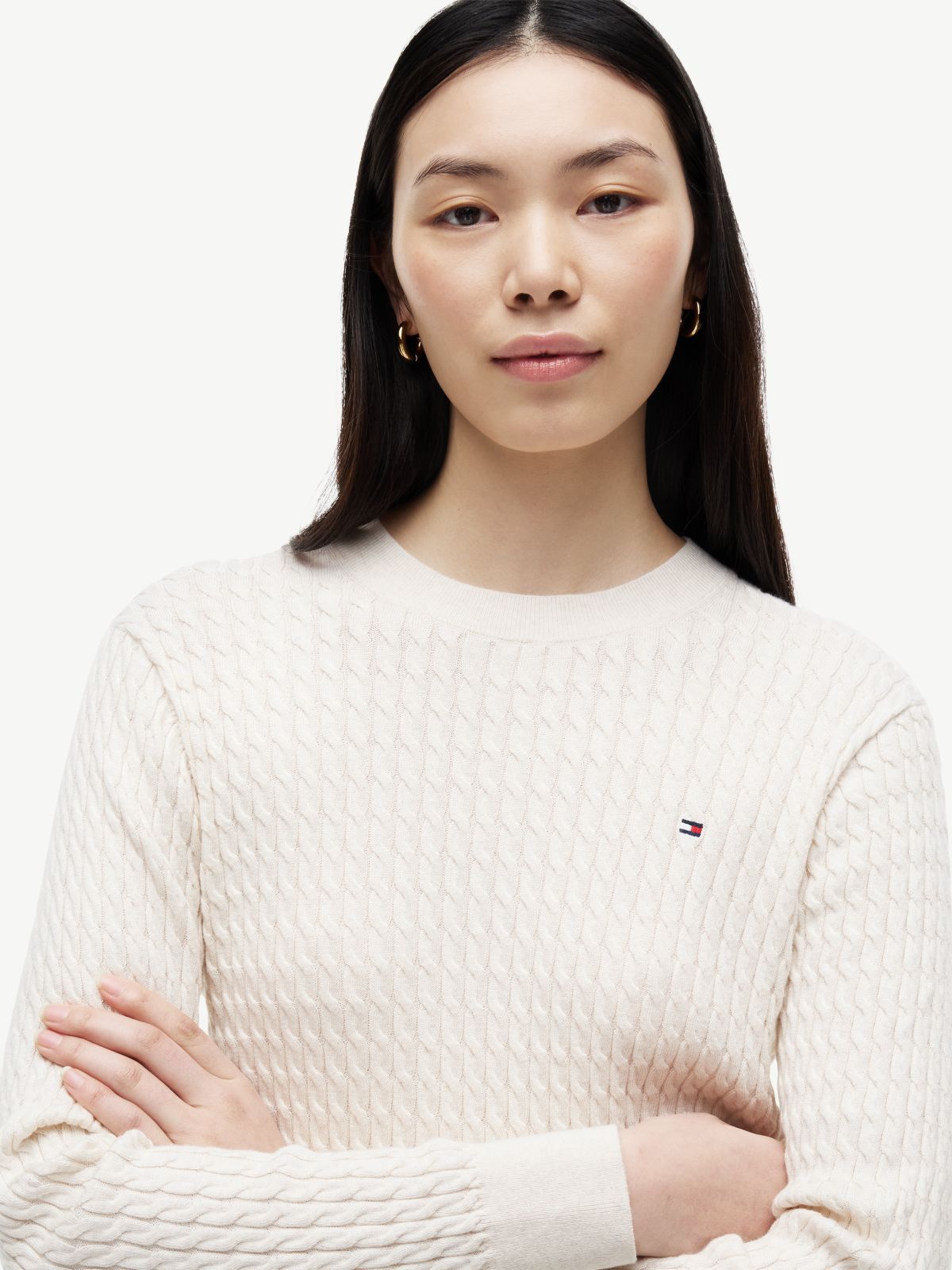 Fine Cable Knit Slim Jumper — Beige