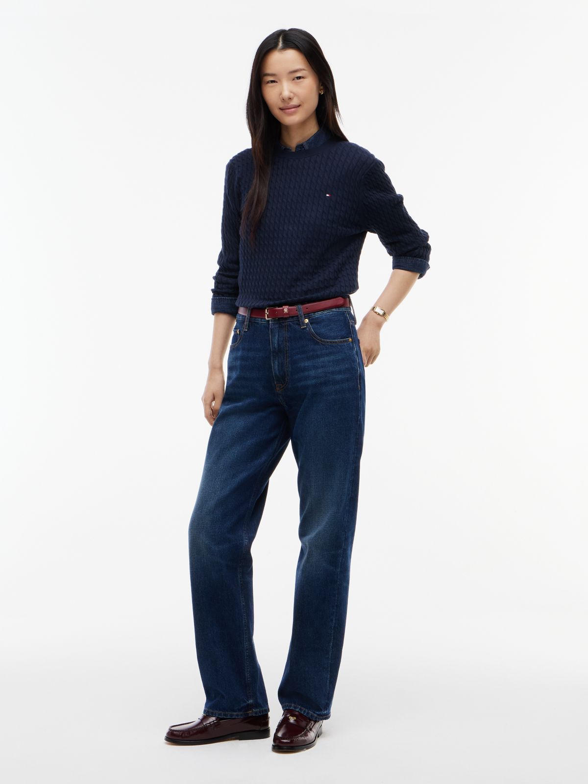 Fine Cable Knit Slim Jumper — Blue