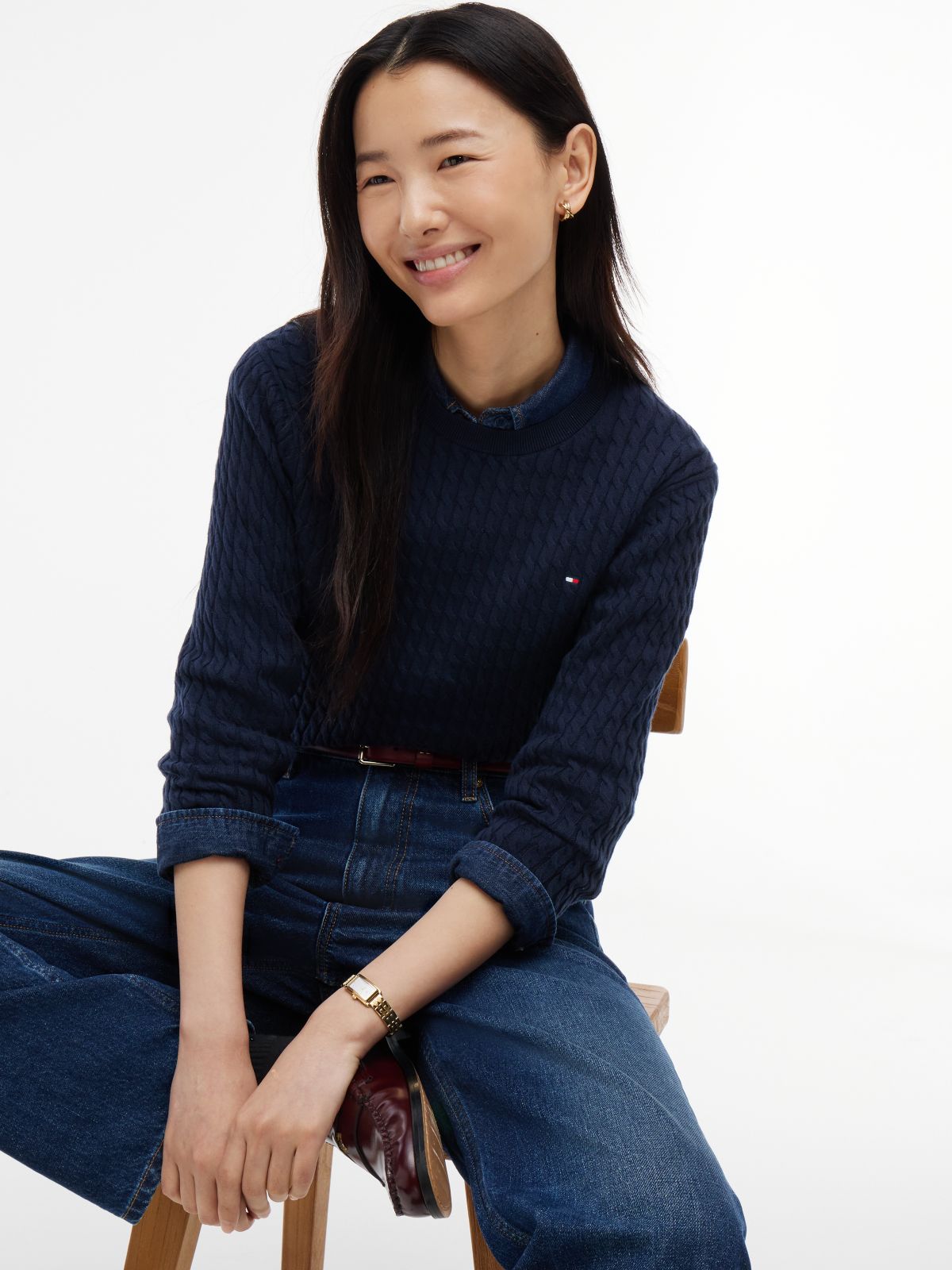 Fine Cable Knit Slim Jumper — Blue