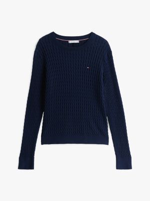 blau fein gestrickter zopfstrick-pullover für damen - tommy hilfiger