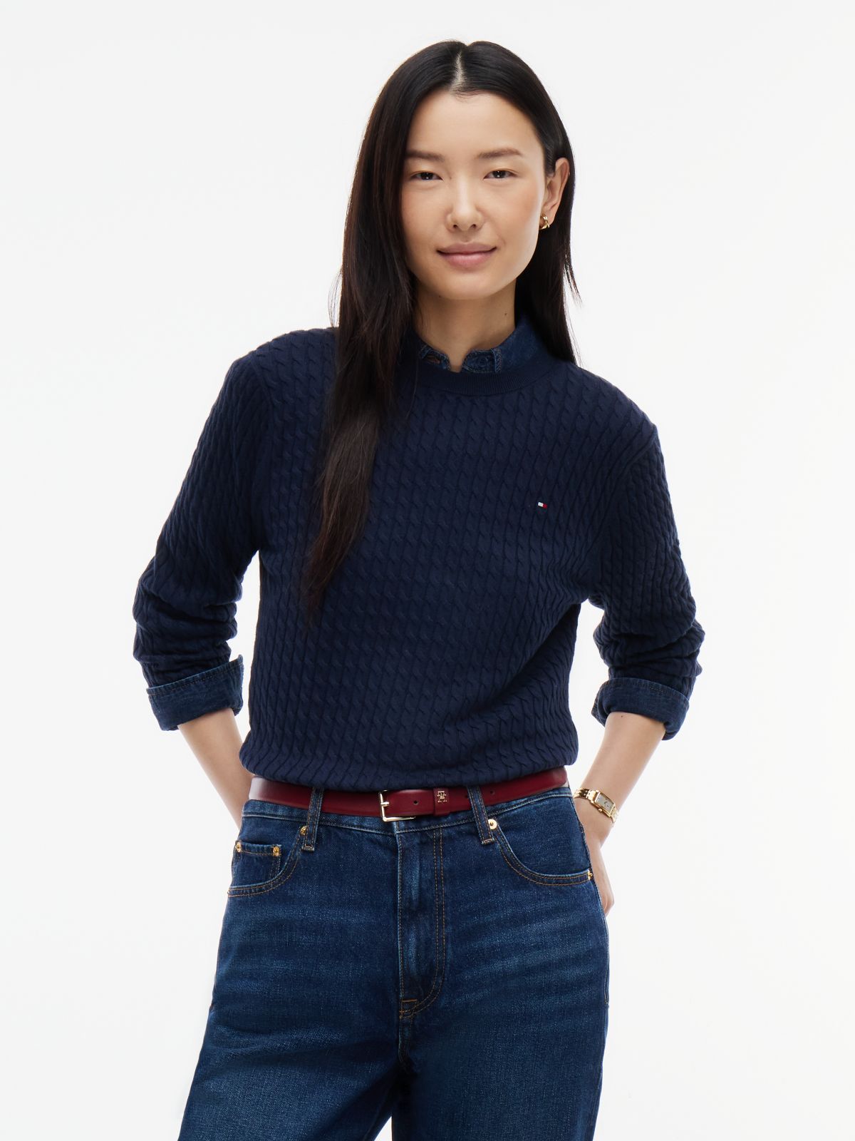 Fine Cable Knit Slim Jumper — Blue