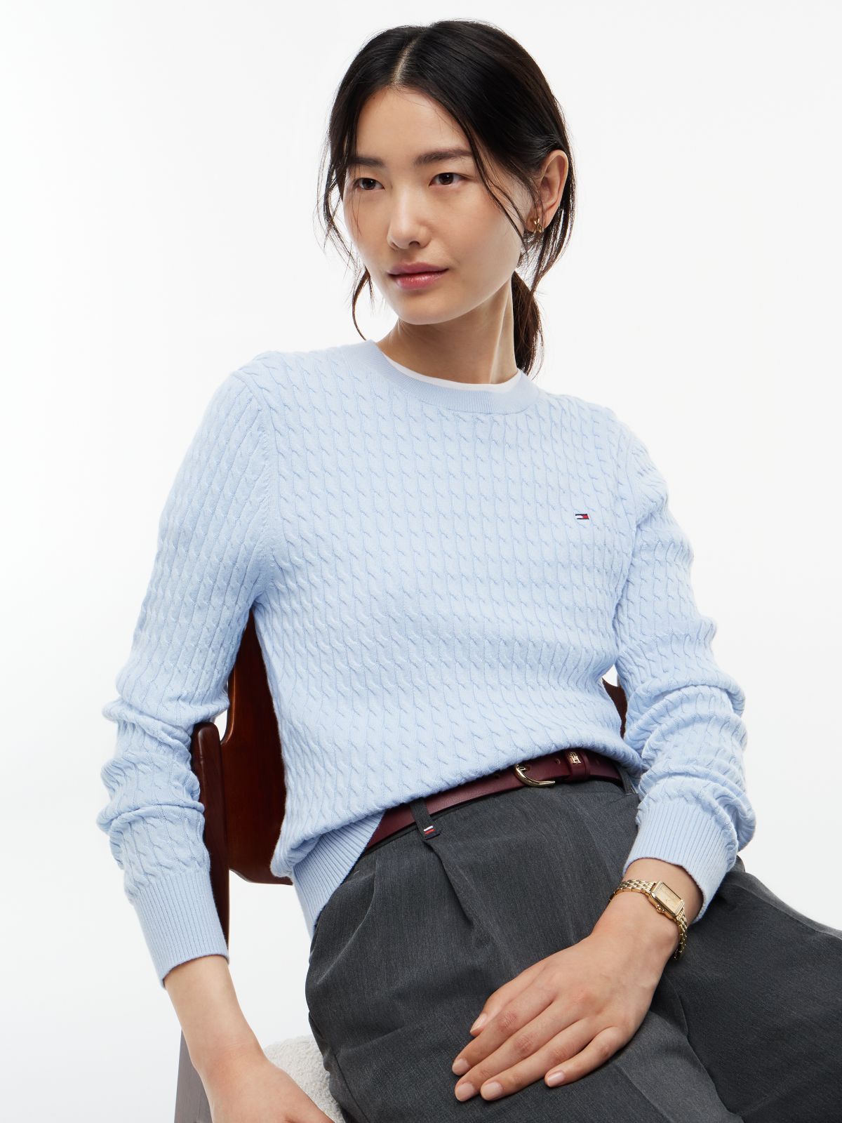 Fine Cable Knit Slim Jumper — Blue