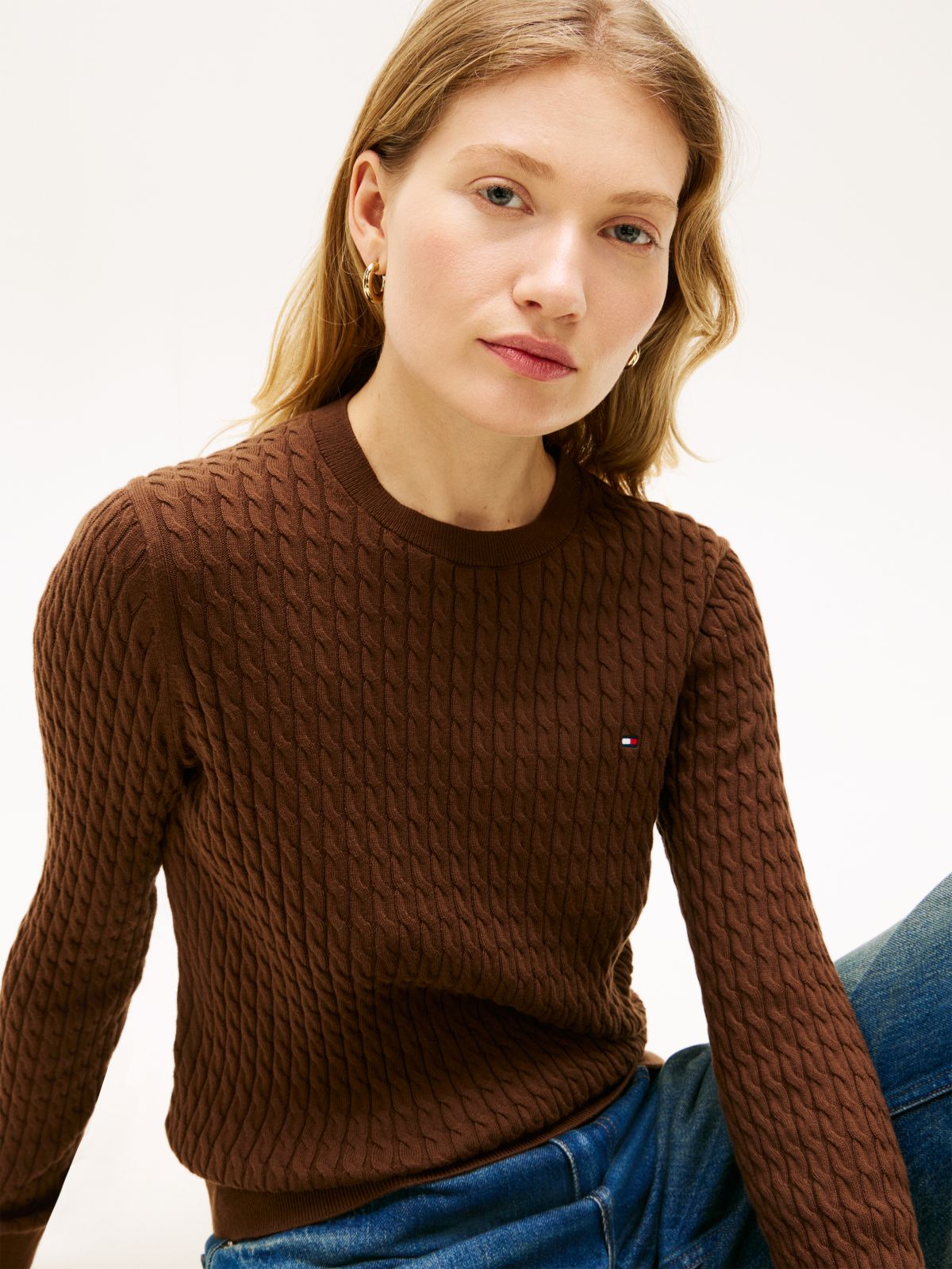 Fine Cable Knit Slim Jumper — Brown