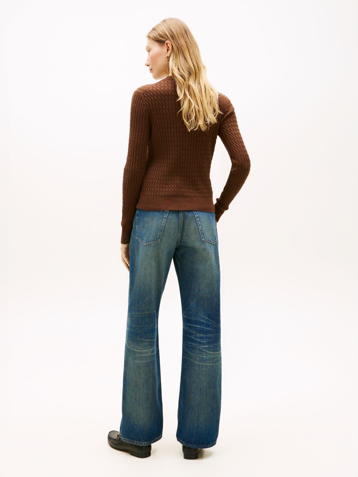 Fine Cable Knit Slim Jumper — Brown
