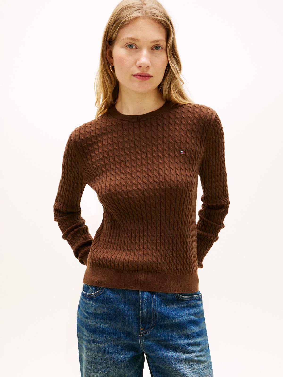 Fine Cable Knit Slim Jumper — Brown