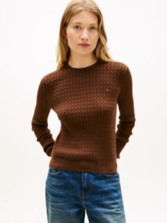 Fine Cable Knit Slim Jumper — Brown 1