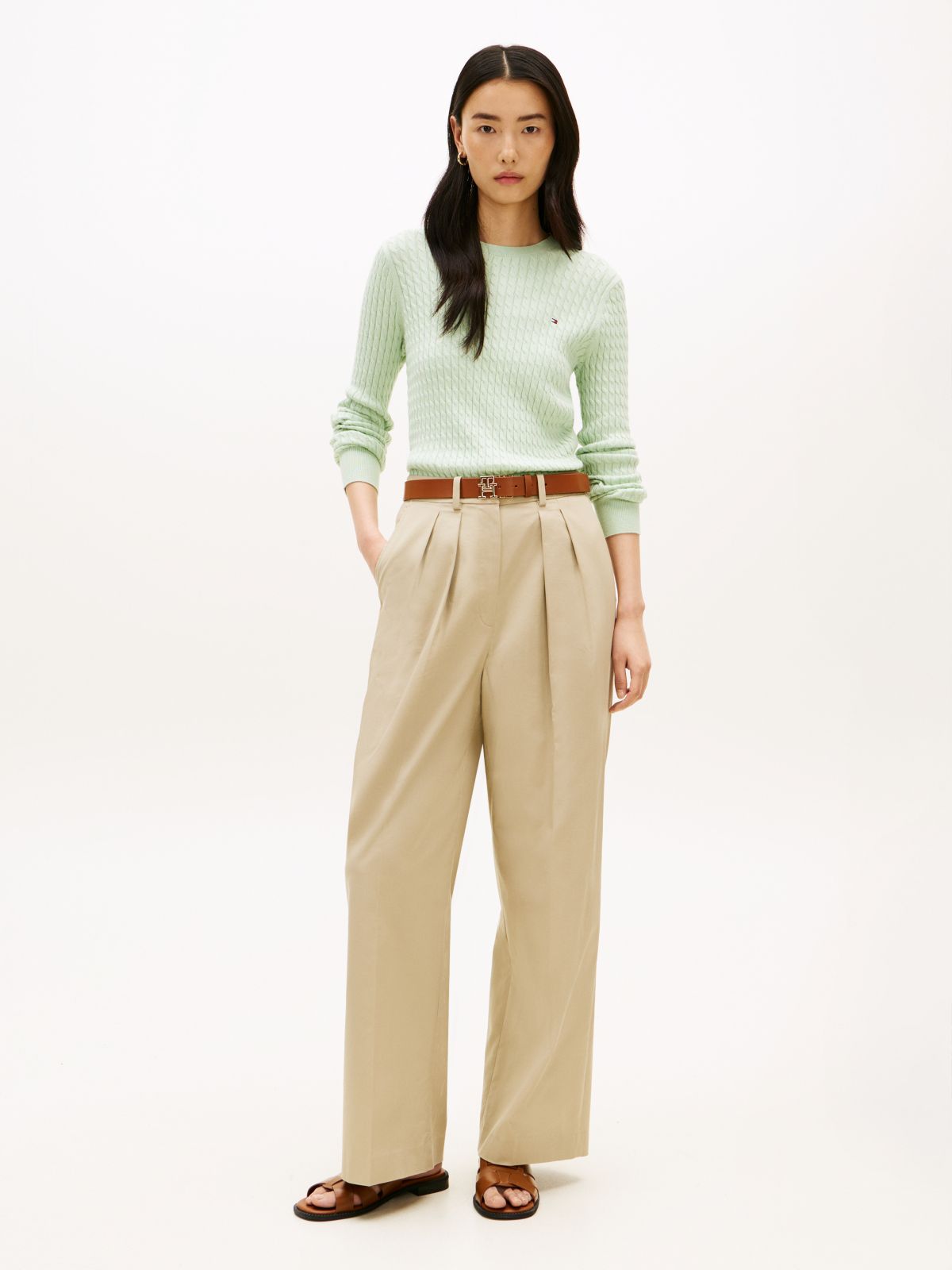 Fine Cable Knit Slim Jumper — Green