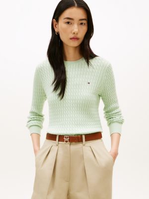 pull en maille torsadée à col ras-du-cou green pour femmes tommy hilfiger