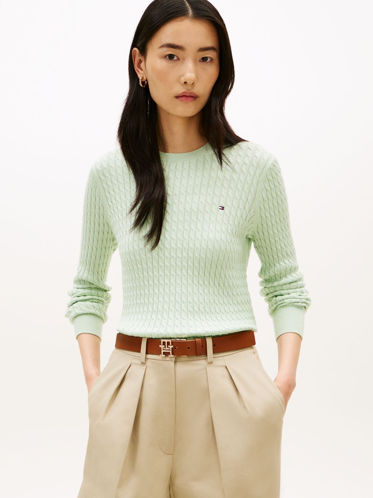 Fine Cable Knit Slim Jumper — Green