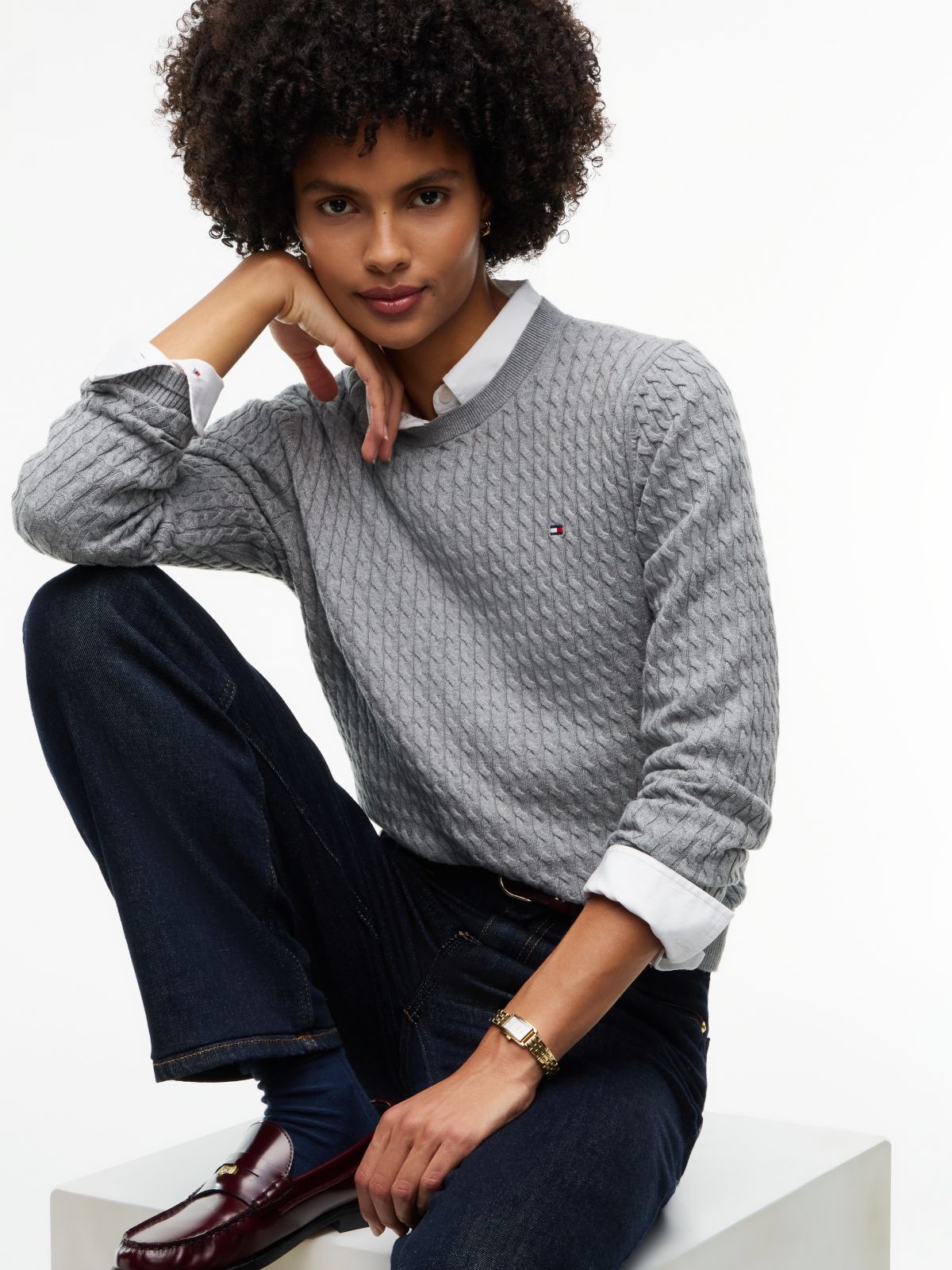 Fine Cable Knit Slim Jumper — Grey
