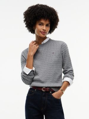 grey rundhalspullover mit feinem zopfmuster für damen - tommy hilfiger