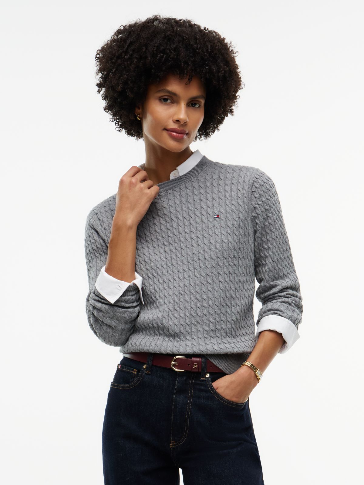 Fine Cable Knit Slim Jumper — Grey