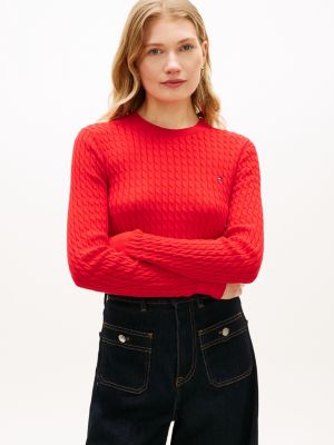 orange cable knit crew neck jumper for women tommy hilfiger