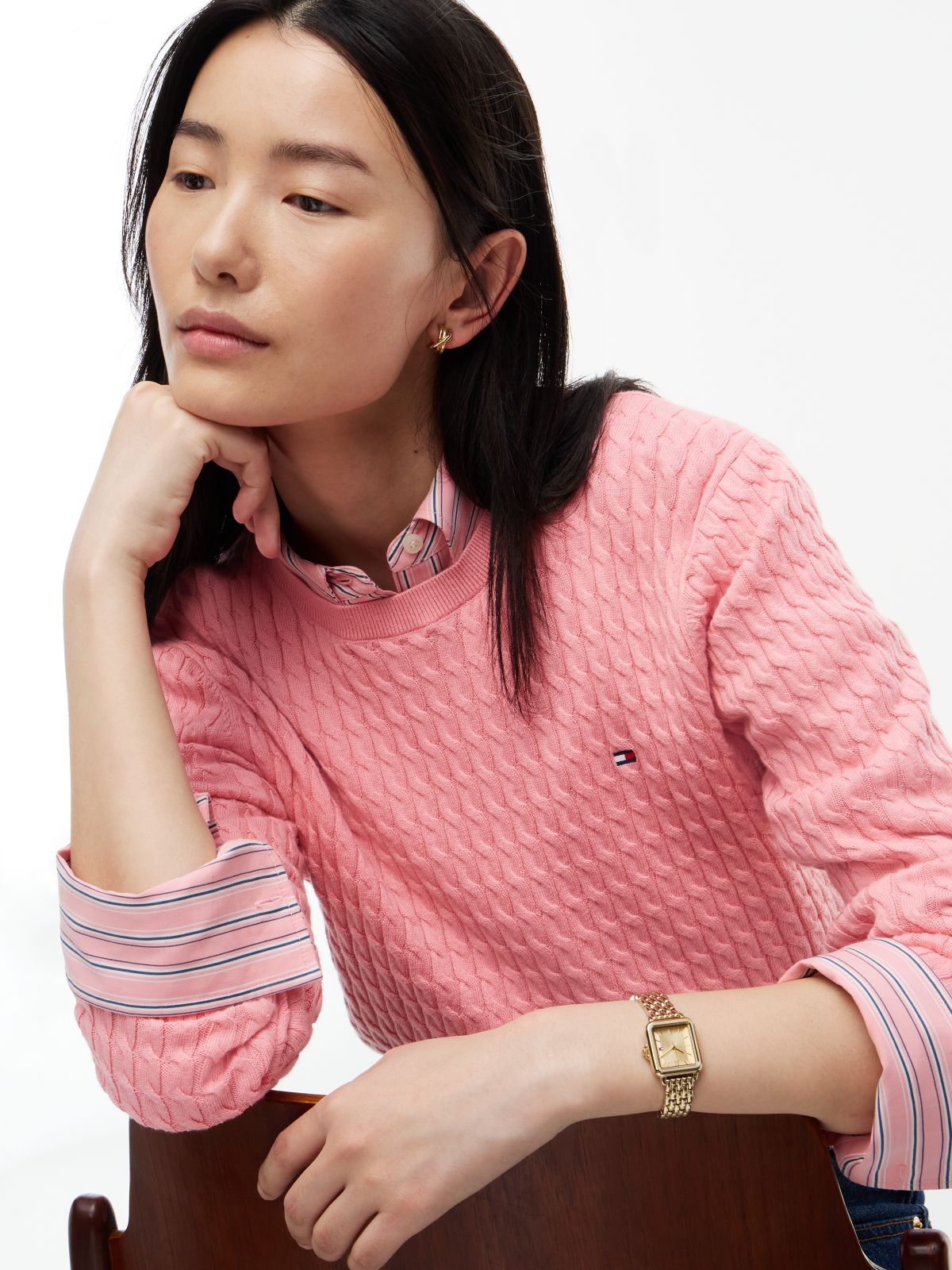 Fine Cable Knit Slim Jumper — Pink