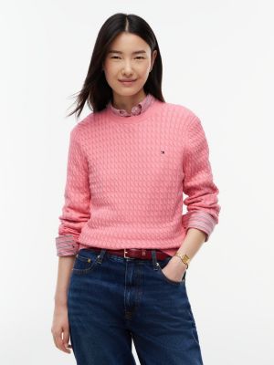 pink sweter o drobnym splocie warkoczowym z okrągłym dekoltem dla kobiety - tommy hilfiger