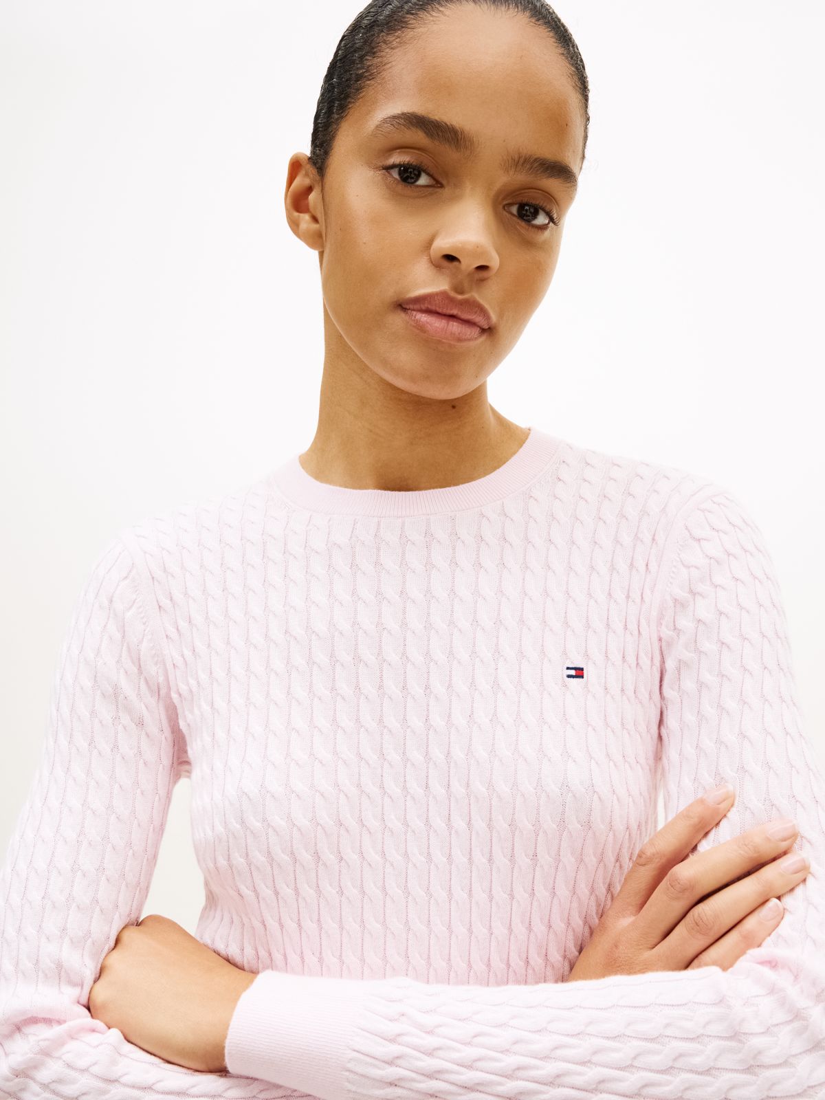 Fine Cable Knit Slim Jumper — Pink