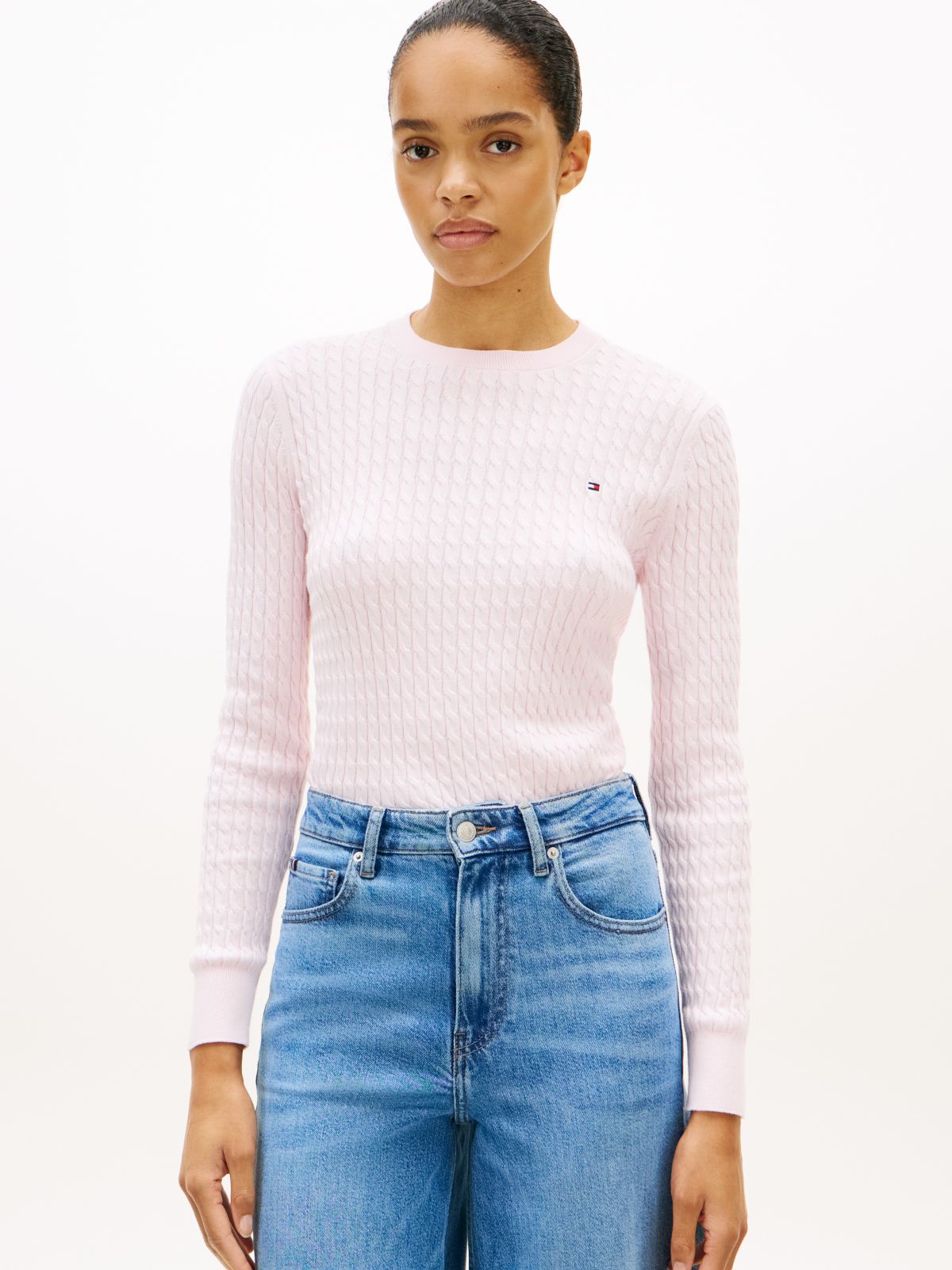 Fine Cable Knit Slim Jumper — Pink
