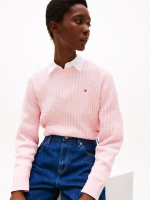 jersey de punto trenzado fino rosa de mujeres tommy hilfiger