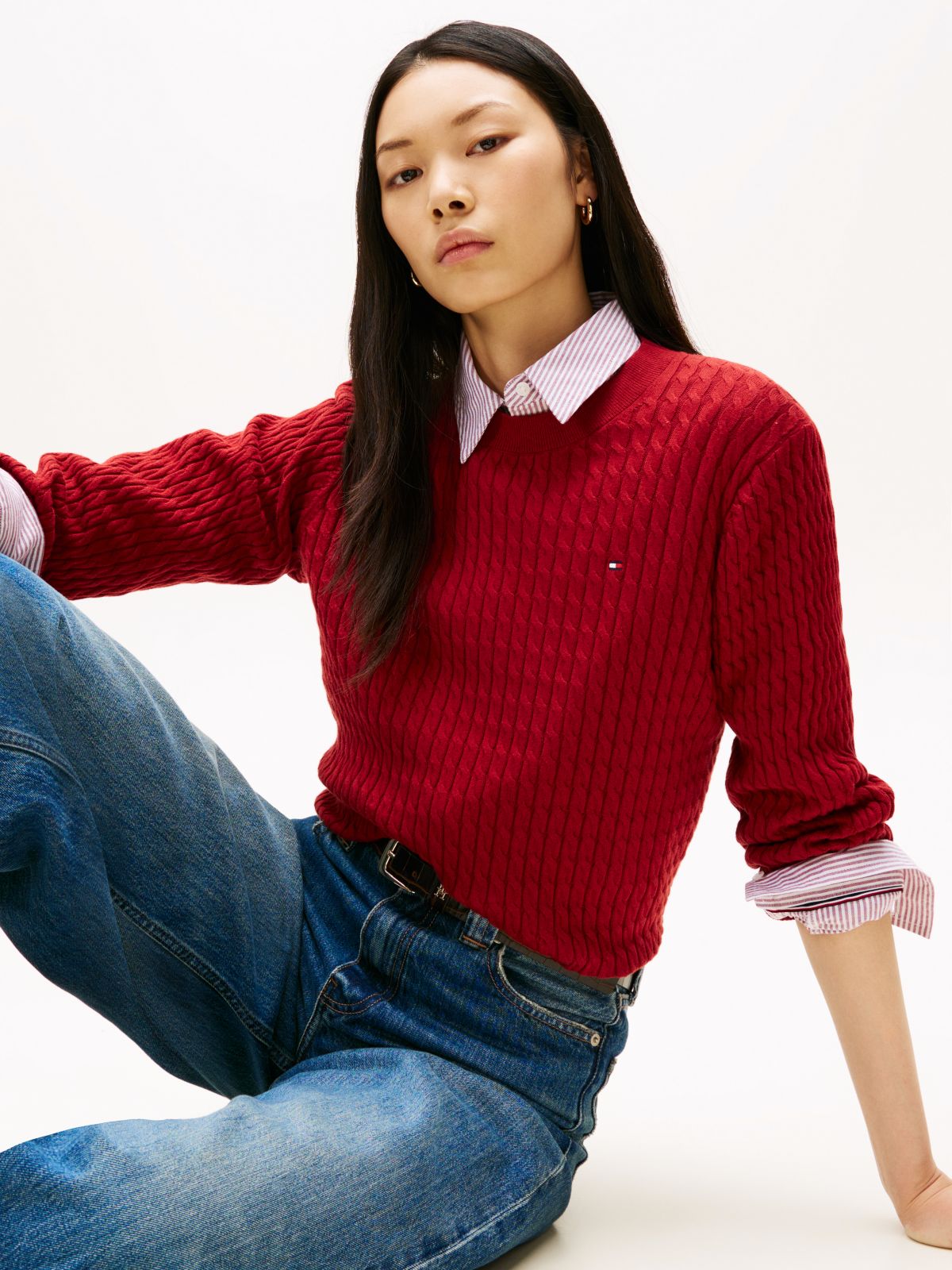 Fine Cable Knit Slim Jumper — Red