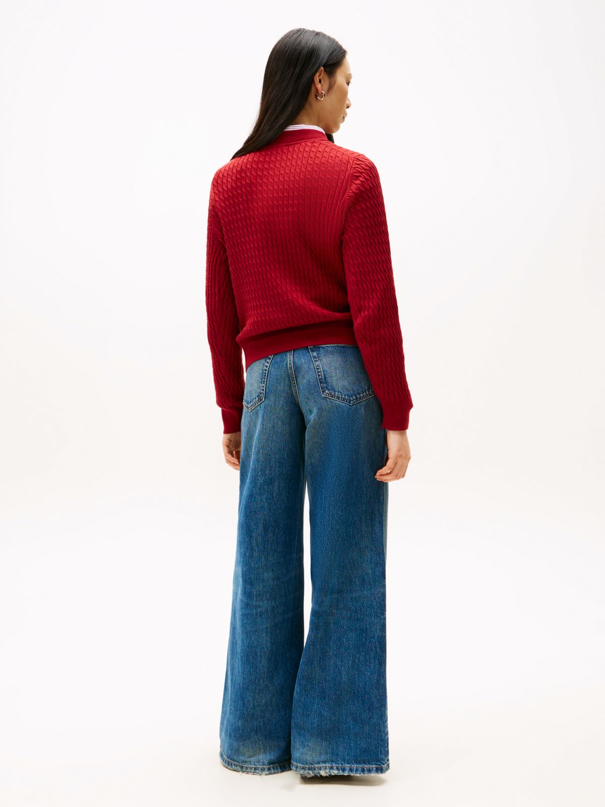 Fine Cable Knit Slim Jumper — Red