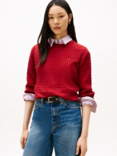 Fine Cable Knit Slim Jumper — Red 1