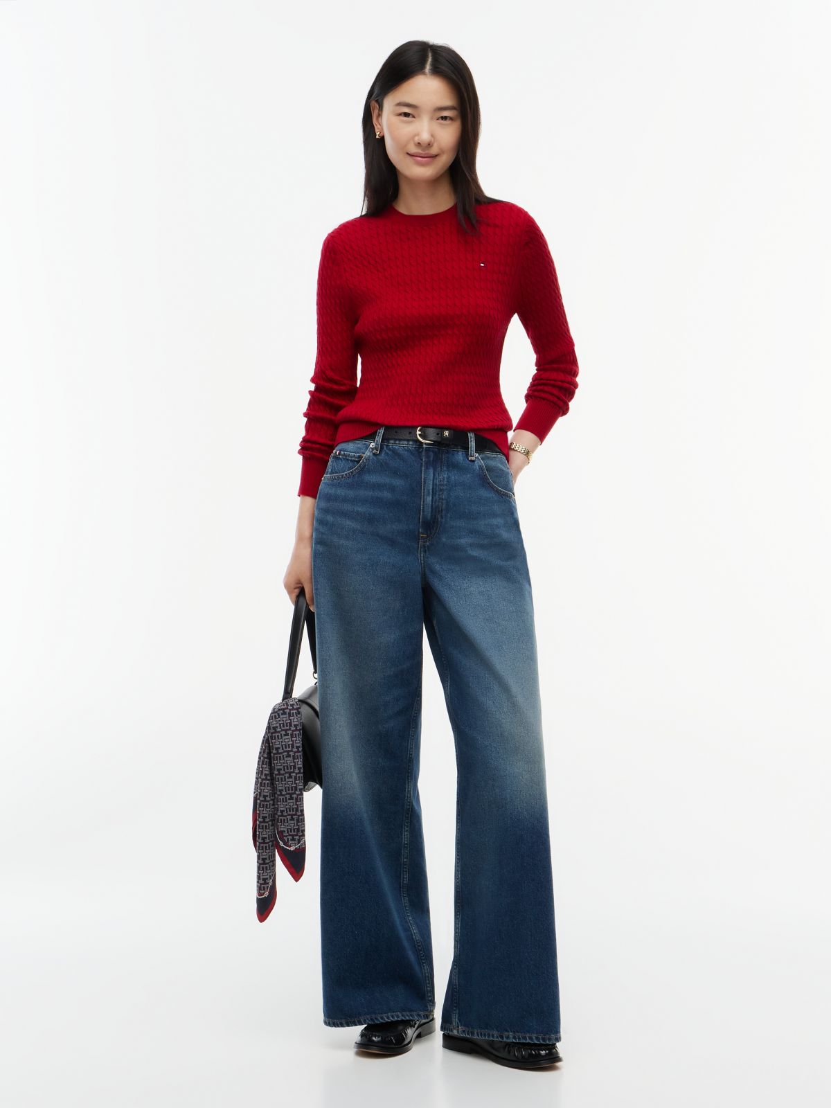 Fine Cable Knit Slim Jumper — Red