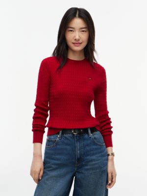 red sweter o drobnym splocie warkoczowym z okrągłym dekoltem dla kobiety - tommy hilfiger