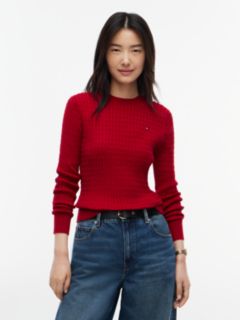 Fine Cable Knit Slim Jumper — Red 1
