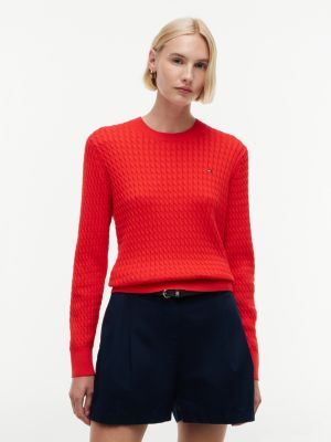 red cable knit crew neck jumper for women tommy hilfiger