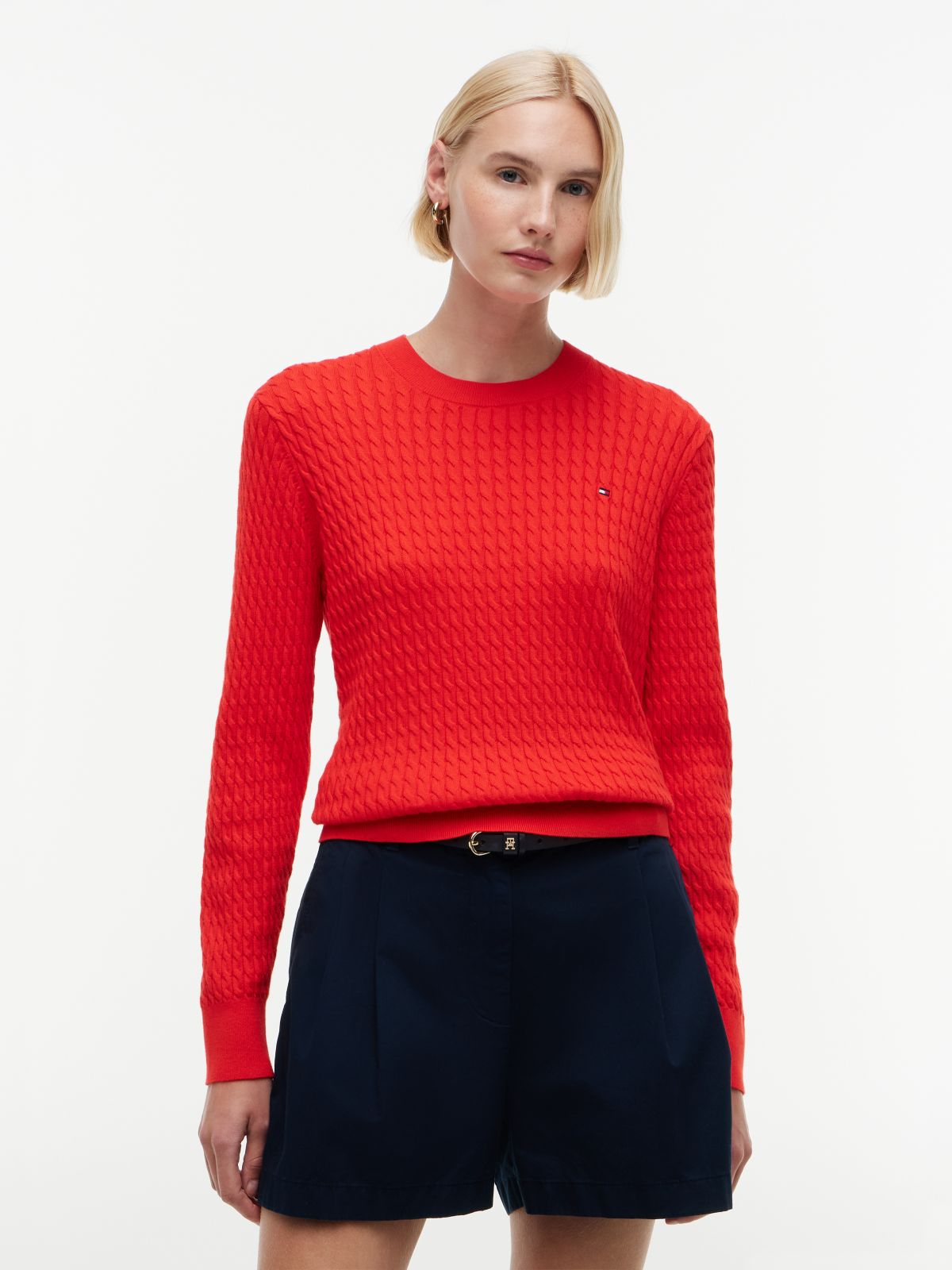 Fine Cable Knit Slim Jumper — Red