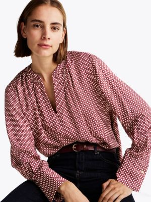 red relaxed fit bluse mit gerafftem v-ausschnitt für damen - tommy hilfiger