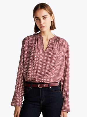 red relaxed fit bluse mit gerafftem v-ausschnitt für damen - tommy hilfiger