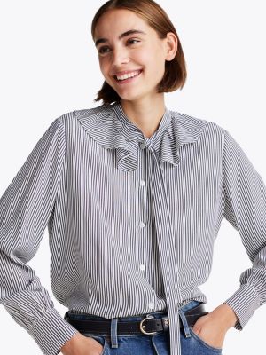 grau gestreifte relaxed fit bluse mit bindeband für damen - tommy hilfiger