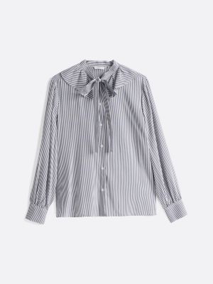 grau gestreifte relaxed fit bluse mit bindeband für damen - tommy hilfiger