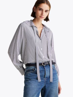 grey tie neck relaxed stripe blouse for women tommy hilfiger