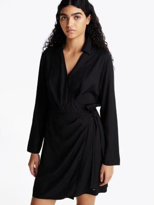 black relaxed mini wrap dress for women tommy hilfiger