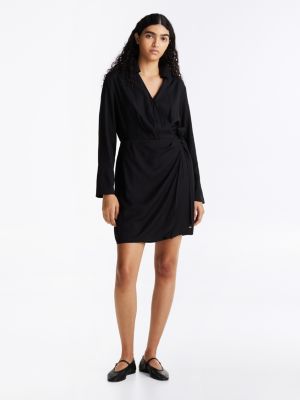 black relaxed mini wrap dress for women tommy hilfiger