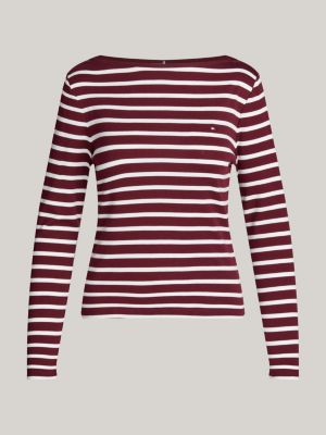 t-shirt slim fit a coste e maniche lunghe rosso da donne tommy hilfiger