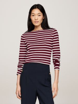 red ribbed long sleeve slim t-shirt for women tommy hilfiger