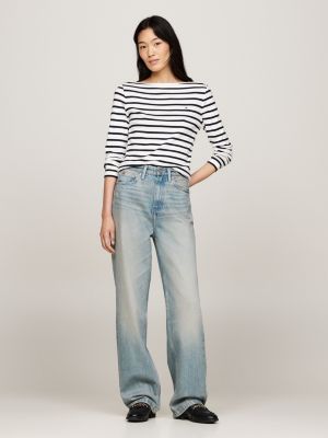 biały prążkowany t-shirt z długim rękawem dla kobiety - tommy hilfiger