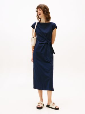 blue boat neck slim midi dress for women tommy hilfiger