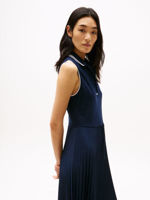 blue pleated sleeveless maxi polo dress for women tommy hilfiger