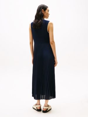 blue pleated sleeveless maxi polo dress for women tommy hilfiger