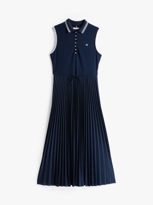 blue pleated sleeveless maxi polo dress for women tommy hilfiger