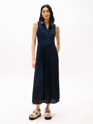 blue pleated sleeveless maxi polo dress for women tommy hilfiger