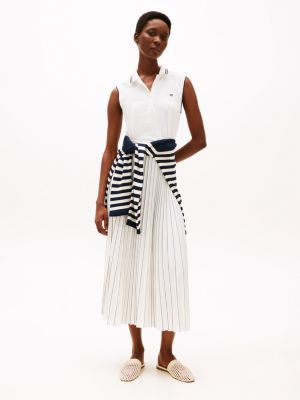 white pleated sleeveless maxi polo dress for women tommy hilfiger