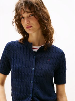 blue cable knit short sleeve cardigan for women tommy hilfiger