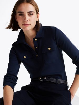 blauw slim fit polo met lange mouwen voor dames - tommy hilfiger