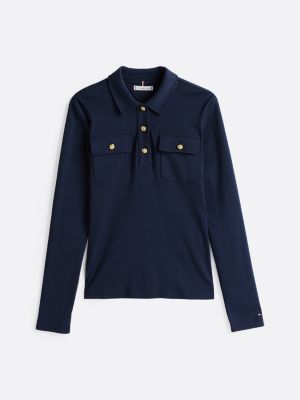 blauw slim fit polo met lange mouwen voor dames - tommy hilfiger