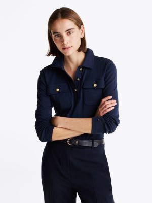 blue slim fit langarm-poloshirt für damen - tommy hilfiger